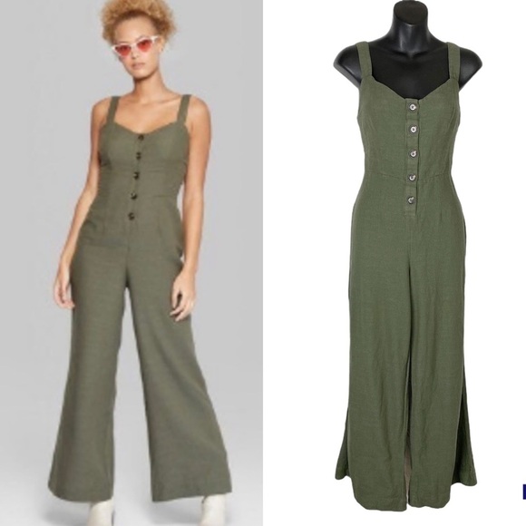 wild fable Pants - WILD FABLE Muted Army Green Apron Button-Front Wide Leg Jumpsuit Size XS